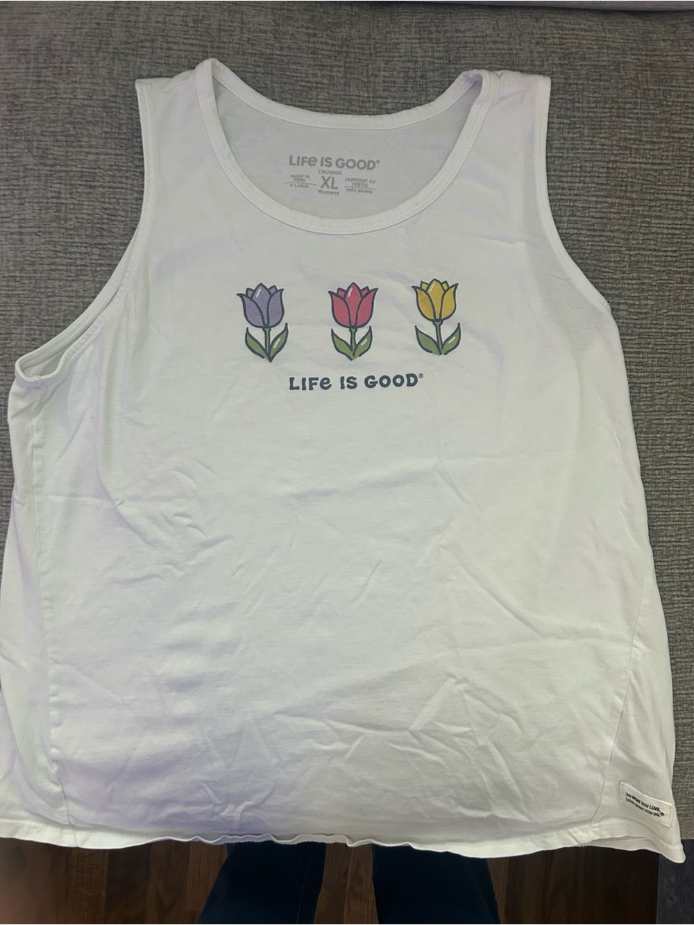 Life Is Good White Tank with Floral Tulip Accents